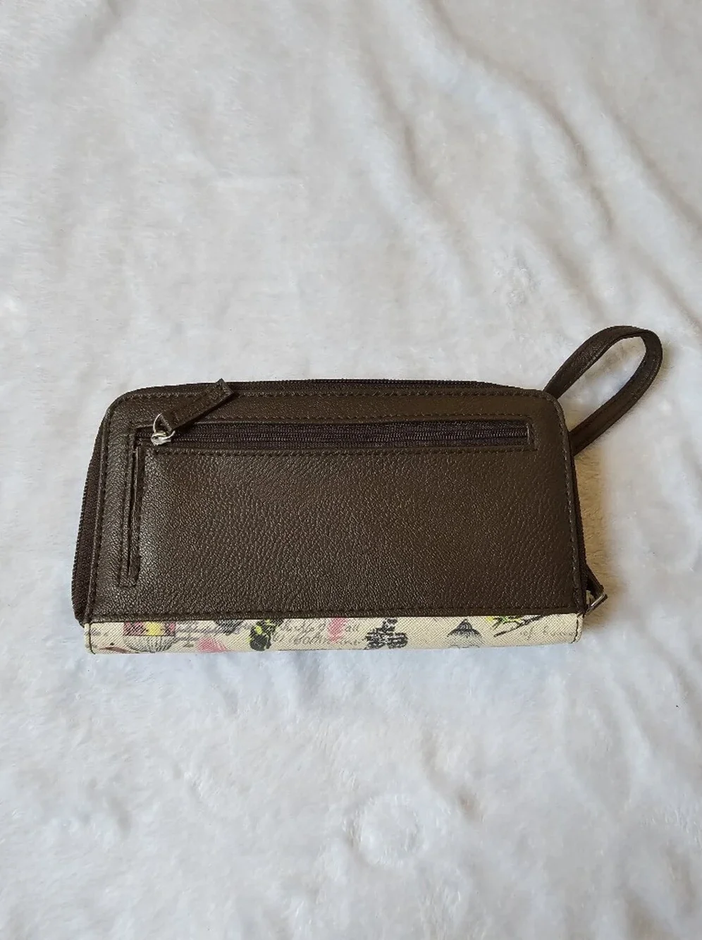 Relic Beige Canvas Wristlet Clutch with Brown Trim and Birdcage Print